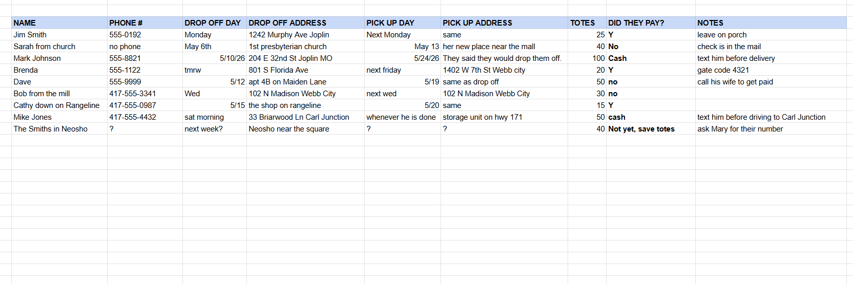 Spreadsheet window used for tracking tote bookings