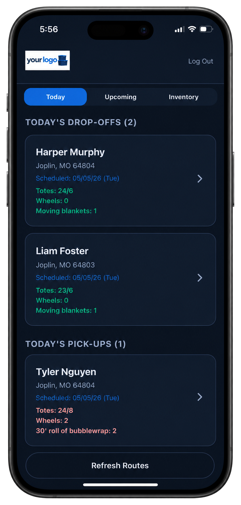 CrateOps driver view shown on a phone